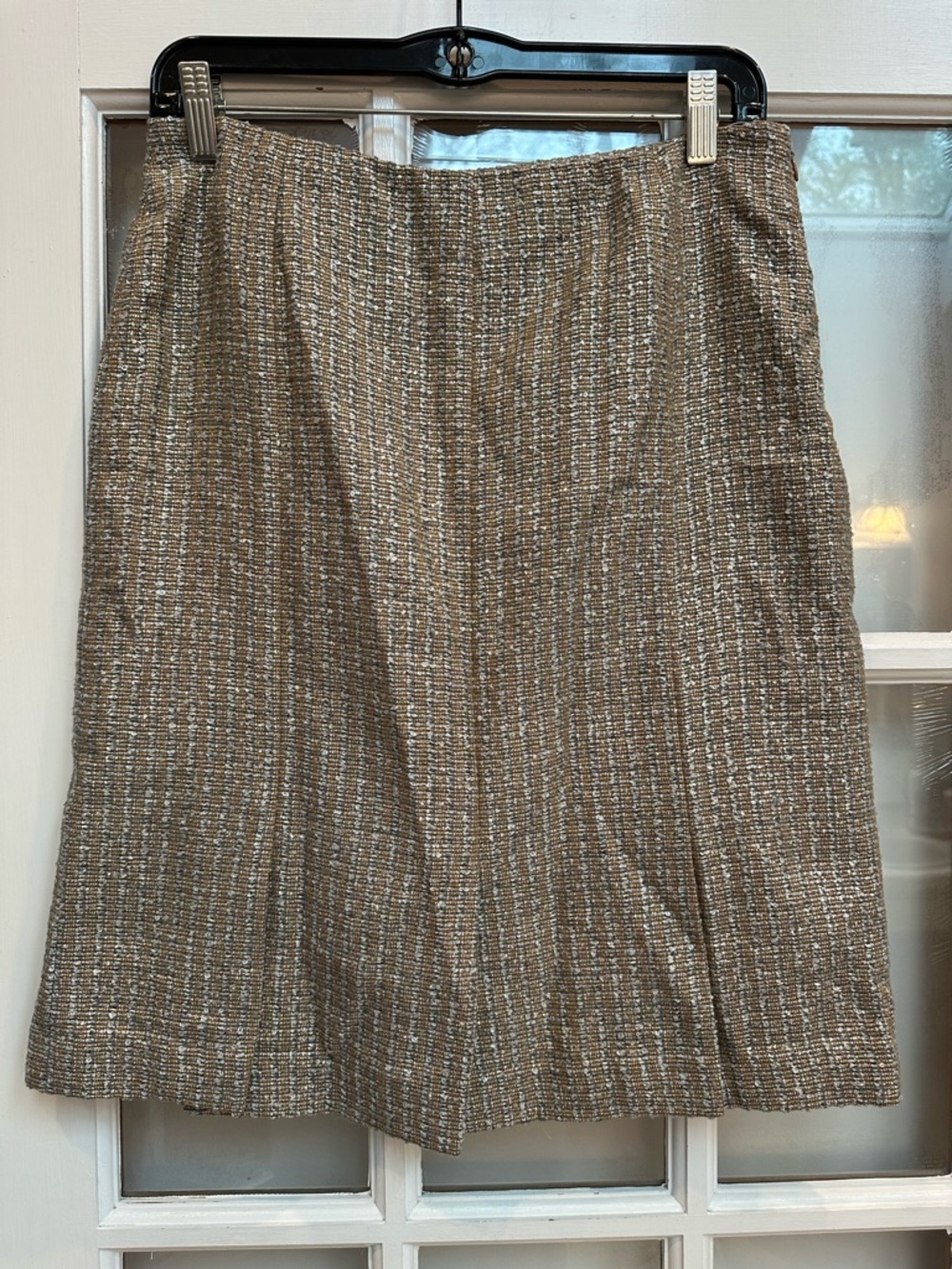 Vintage Escada Neiman Marcus Wool Silk Tan Grey Metallic Tweed Skirt Size US S
